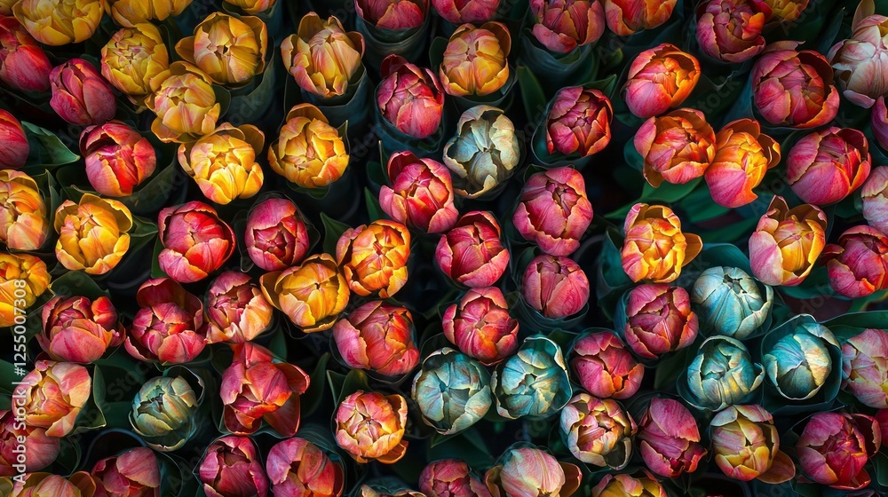Poster a stunning array of tulips in various colors fills the frame, creating a joyful and vibrant atmosphe