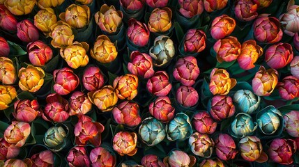 A stunning array of tulips in various colors fills the frame, creating a joyful and vibrant atmosphere in a bustling market. This spring scene invites admiration for nature's beauty