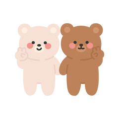 Korean Couple Bears Cartoon Making a Peace Sign and Smiling Together
