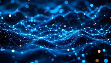 Futuristic network connections, glowing blue geometric lines, abstract digital landscape