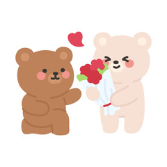 Korean Couple Bears Cartoon Kneeling and Giving a Bouquet of Flowers in a Romantic Gesture