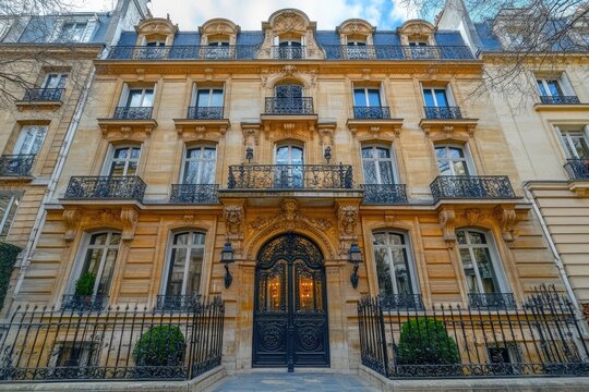 Elegant parisian building with ornate gate and balconies displaying french architecture