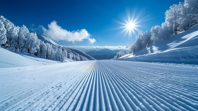 Tranquil and serene winter landscape with a snowflex slope clear blue sky and untouched snow covered terrain providing ample space for design or text overlay