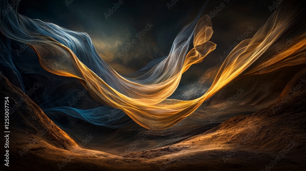 Poster Dynamic flowing lines in abstract landscape digital art colorful textures surreal environment wide viewpoint motion concept