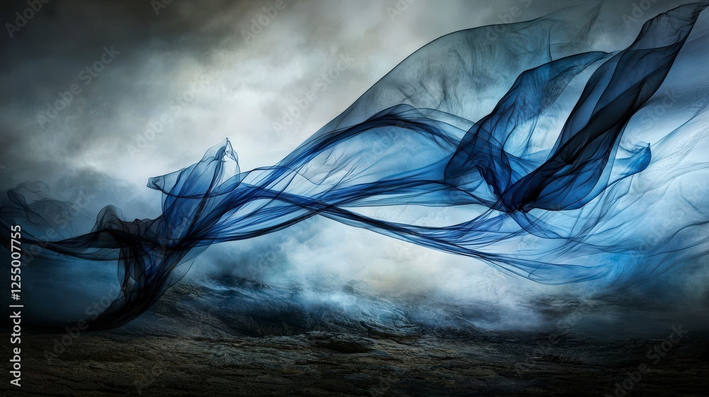 Poster Dynamic flow of shifting lines in ethereal blue fabric artistic interpretation abstract environment atmospheric view