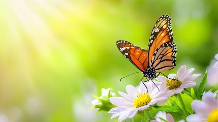 Obraz premium Beautiful butterfly sitting on flowers with copy space, blurred green background.
