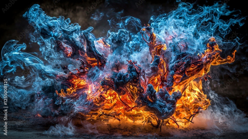 Aufkleber dynamic fire dance with flickering flames and smoke swirls abstract art studio setting close-up visu