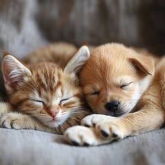 Obraz premium Adorable Ginger Kitten and Puppy Napping Together Peacefully on a Soft Blanket in Harmony