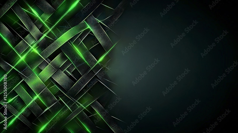 Poster Glowing neon green grid structure abstract art digital design dark background high-contrast viewpoint