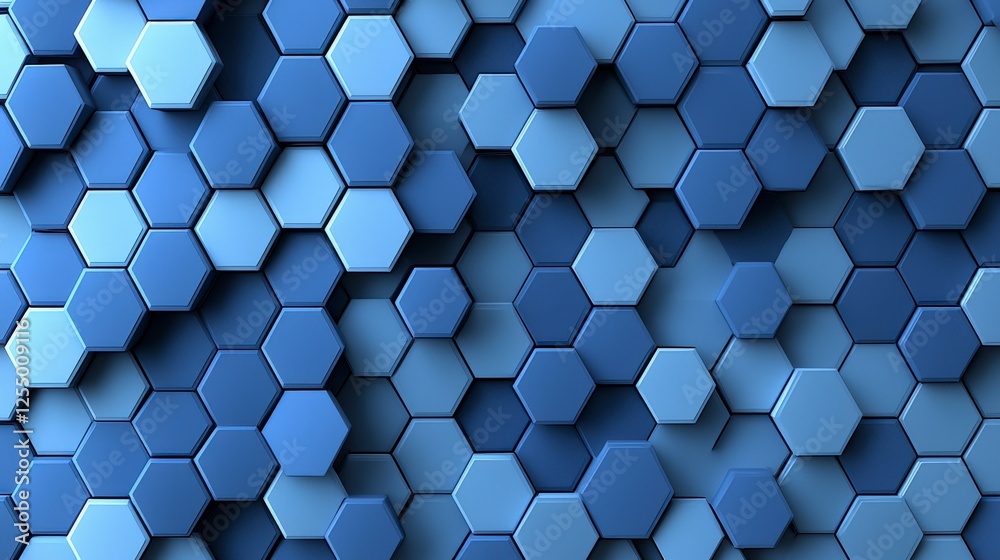 Poster Abstract art display randomly arranged blue hexagons in varied shades digital background graphic design modern style