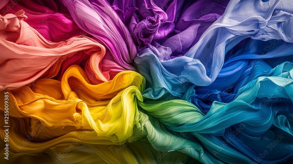 Poster vibrant colorful fabrics swirling in rainbow gradient studio setting textile photography textured ba