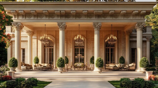 Luxurious terrace illuminating a grand mansion during golden hour