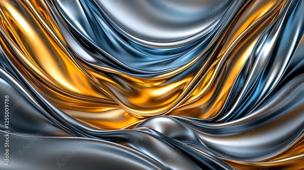 Leinwandbilder dynamic fluid motion of shiny metallic textures in silver and gold abstract art digital rendering mo