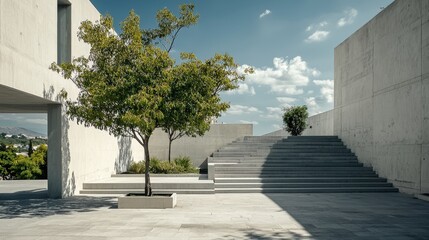 Modern minimalist architecture featuring bold rectangular shapes outdoor space urban environment bright daylight