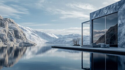 Fototapeta premium Modern architecture retreat overlooking serene frozen lake winter landscape minimalist design tranquil environment