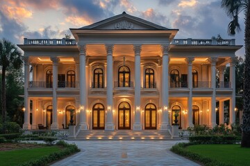 Obraz premium Luxurious white mansion with illuminated columns at dusk