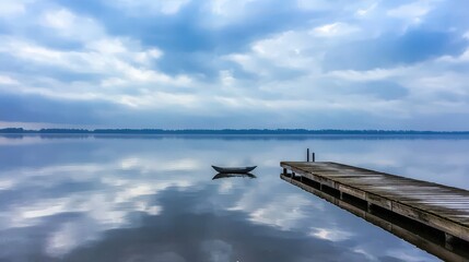 Obraz premium Calm reflections on tranquil lake wooden dock nature photography serene atmosphere wide angle visual harmony