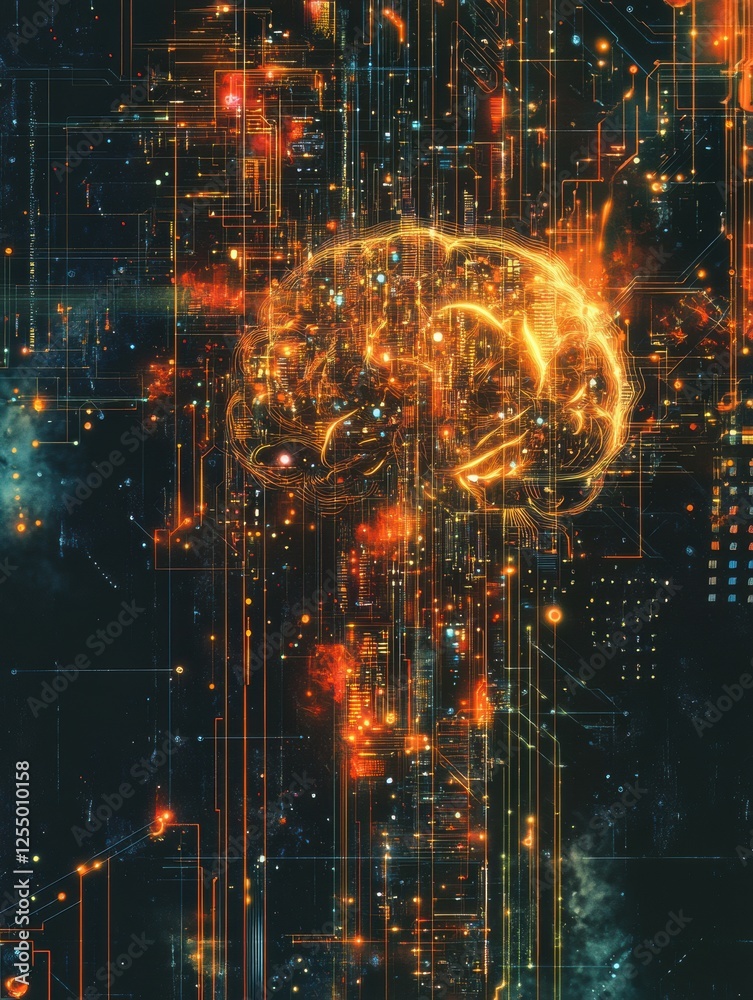 Aufkleber Abstract digital brain illuminated by vibrant circuits and wires in a complex neural network structure. Generative AI