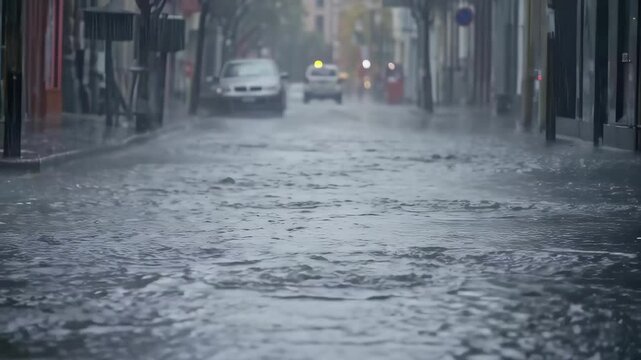 大雨で水が溢れる都市部の道路