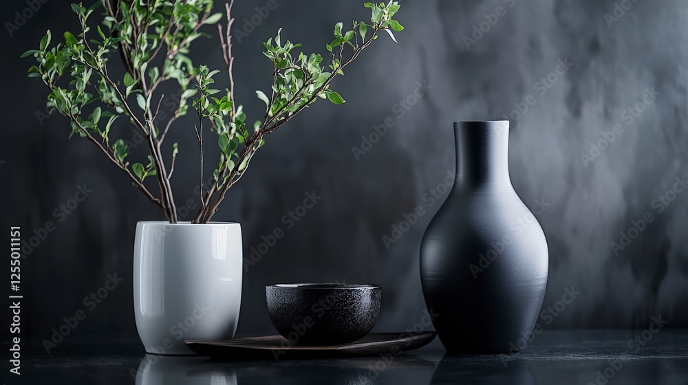 Poster sophisticated still life arrangement with black and white vases indoor studio setting minimalist des