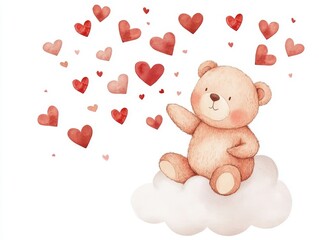 Cute Teddy Bear Sitting on Cloud with Hearts
