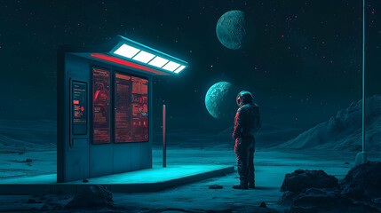 Astronaut on lunar surface observing futuristic digital kiosk under a starry sky with twin moons