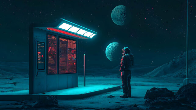 Astronaut on lunar surface observing futuristic digital kiosk under a starry sky with twin moons