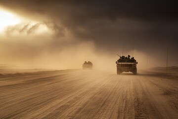 Fototapeta premium Military forces maneuvering through a desert storm and swirling dust in a challenging landscape