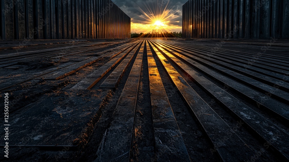 Poster sunset over thin straight lines pattern urban landscape photography dynamic environment low angle vi