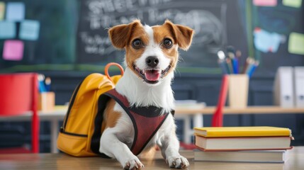 Funny dog with backpack at school. Back to school, student, pupil, college, university, learning, teaching, knowledge concept. 