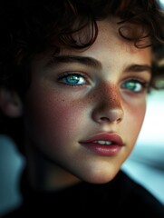 Portrait of youthful face with captivating eyes and freckles, reflecting beauty and elegance