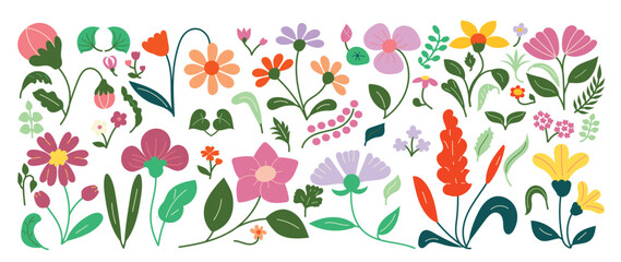 Collection of spring colorful flower elements vector. Set floral of wildflower, leaf branch, foliage on white background. Hand drawn blossom illustration for decor, easter, thanksgiving, clipart.