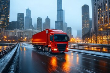 Obraz premium Red delivery truck driving on wet road in chicago at dusk