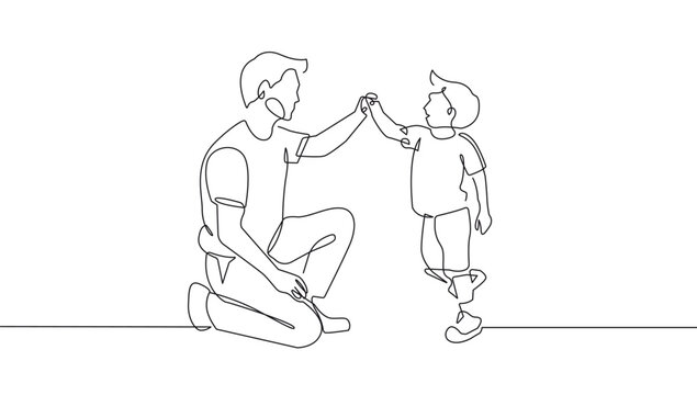 Father with Son One Line Vector Illustration. Continuous Single Line Drawing of Dad Playing with Child. Happy Father`s Day Card with Hand Drawn Contour Silhouette Outline Style