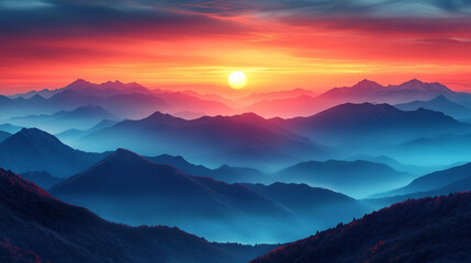 Fototapeta premium Majestic mountain landscape at sunrise, vivid colors, dreamy atmosphere, watercolor effect