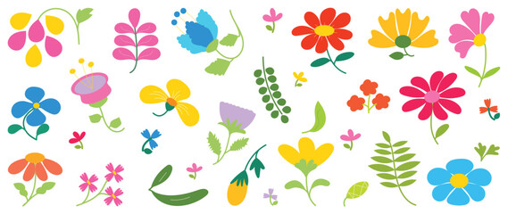 Collection of spring colorful flower elements vector. Set floral of wildflower, leaf branch, foliage on white background. Hand drawn blossom illustration for decor, easter, thanksgiving, clipart.