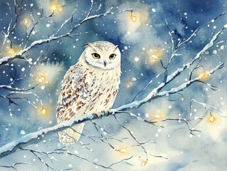 Snowy Owl on Lit Winter Branch
