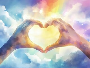 Heart Shape Hands with Rainbow Sky
