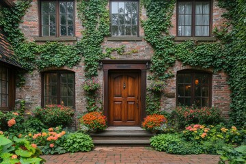 Charming brick house entrance covered with lush ivy and colorful flowers
