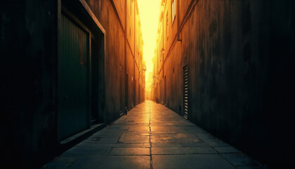 Obraz premium Mysterious narrow alleyway glowing at sunset