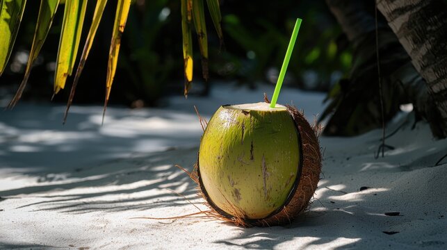 Solitary Coconut Drink Resting on White Sandy Beach with Green Straw and Tropical Leaves in Background