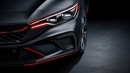 Close-up of a modern car front with red LED headlights on a dark background, showcasing innovative design and luxury.