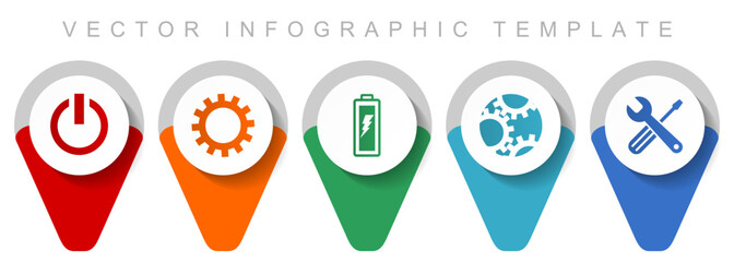 Industry pointer collection, miscellaneous icons such as power, cogwheel, battery and tools, flat design vector infographic template in eps 10
