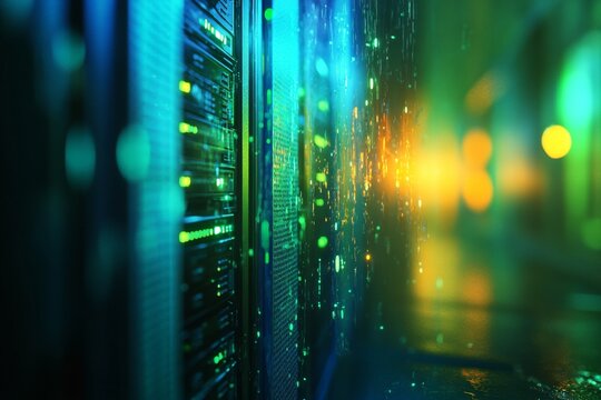 Realistic close up of a server rack with glowing data center lights in blue and green theme