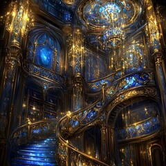 Fototapeta premium Intricate Staircase Leading to Opulent Domed Ceiling with Elaborate Lighting and Ornate Detailing