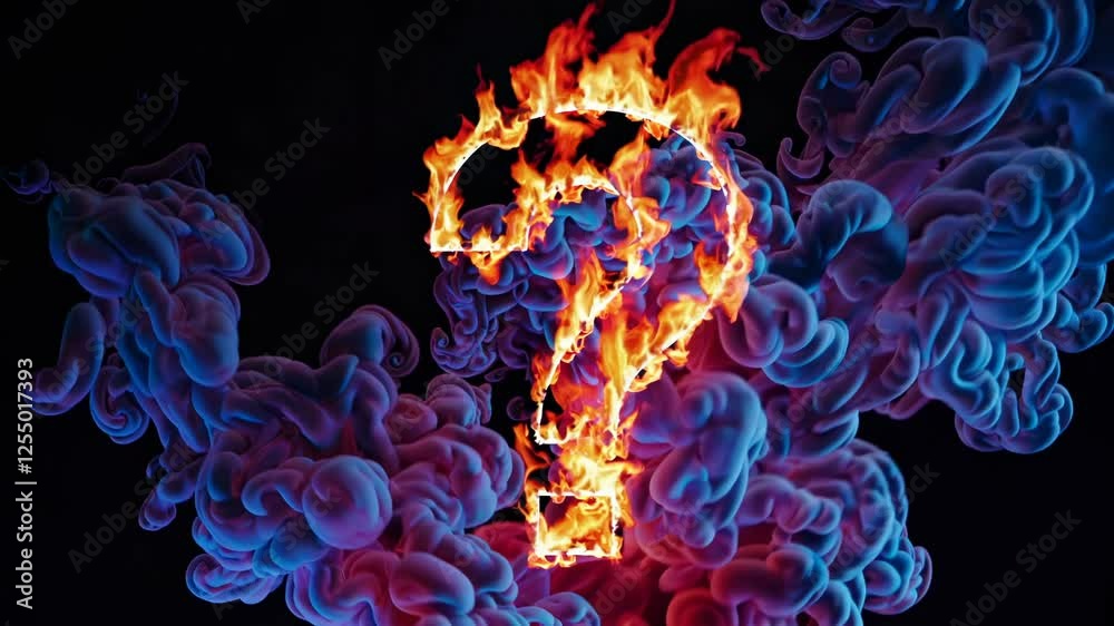 Aufkleber glowing fiery question mark pulsating with energy, surrounded by swirling blue and red smoke in a my