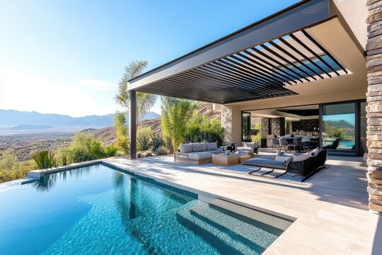 Luxurious infinity pool overlooking scenic mountain view in desert landscape