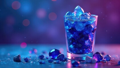 Glass shaker with blue/purple crystals, sparkling backdrop, decorative, texture