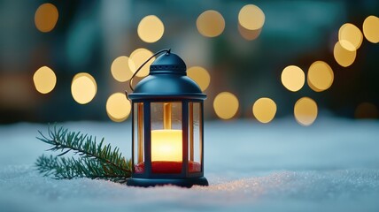 Lantern glowing brightly in a snowy winter night with pine branch and bokeh lights.