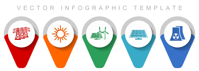 Renewable energy pointer collection, miscellaneous icons such as power line, sun, solar panel and nuclear power plant, flat design vector infographic template in eps 10
